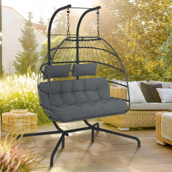 Poltrona 2 posti a forma di uovo traforato con effetto rattan grigio e cuscino grigio | IdMarket