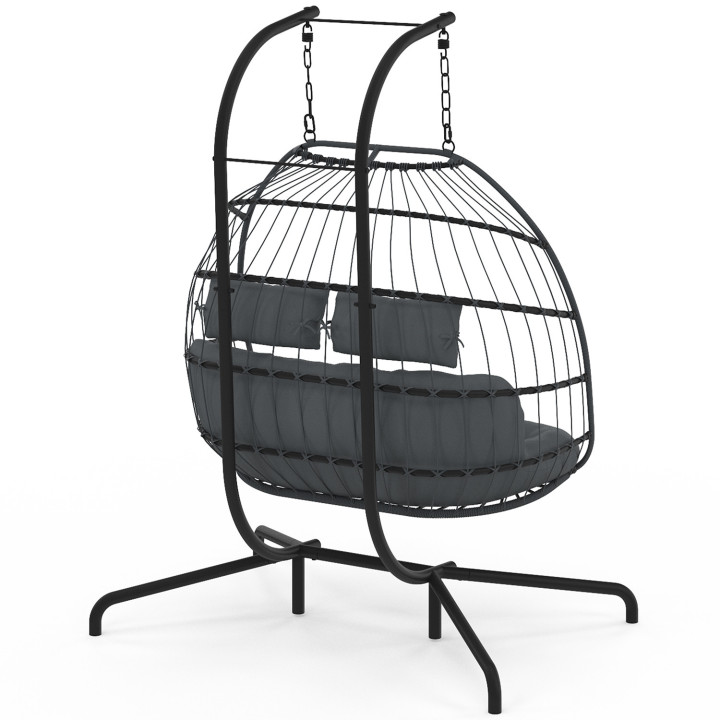 Poltrona 2 posti a forma di uovo traforato con effetto rattan grigio e cuscino grigio | IdMarket