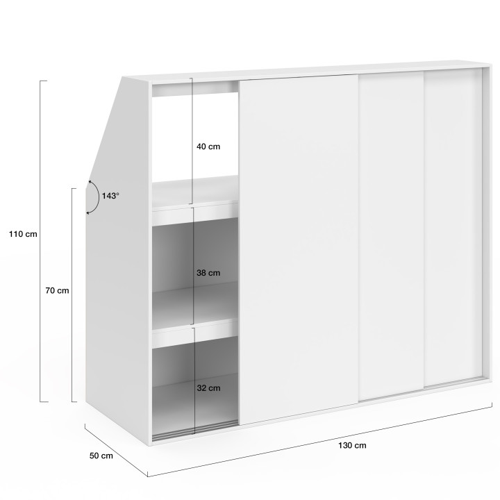 Armadio inclinato 3 ante scorrevoli 3 livelli 130 x 50 x 70/110 cm bianco