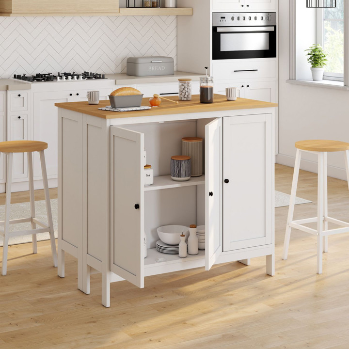 Set di tavolo da bar con isola e 2 sgabelli in legno bianco con piano in faggio - ACHILLE - ID Market