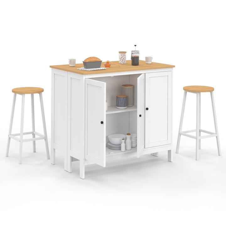 Set di tavolo da bar con isola e 2 sgabelli in legno bianco con piano in faggio - ACHILLE - ID Market
