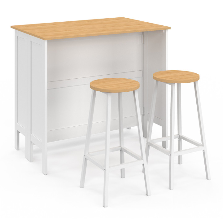 Set di tavolo da bar con isola e 2 sgabelli in legno bianco con piano in faggio - ACHILLE - ID Market