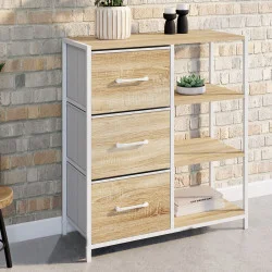 UTAH Credenza a 3 cassetti con ripiani, 70 cm, design industriale in legno e bianco
