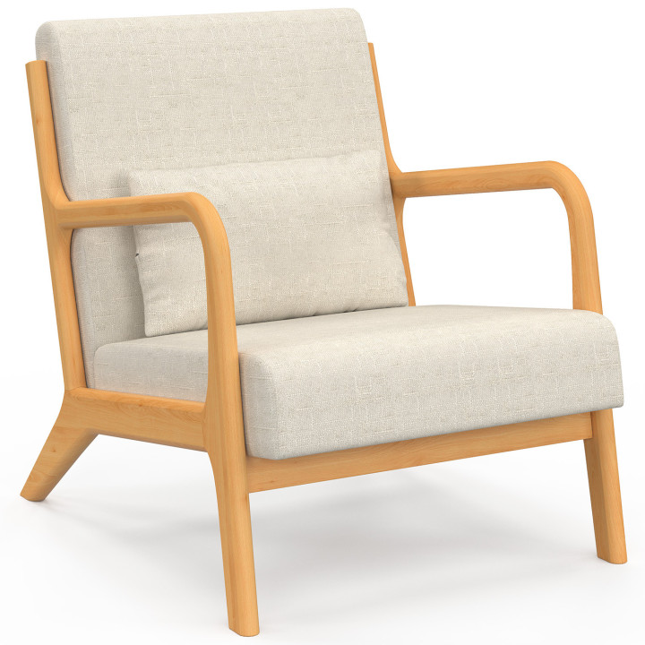 Poltrona scandinava JOSEPH in tessuto beige con braccioli e gambe in legno