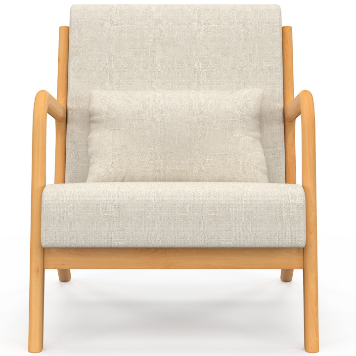 Poltrona scandinava JOSEPH in tessuto beige con braccioli e gambe in legno