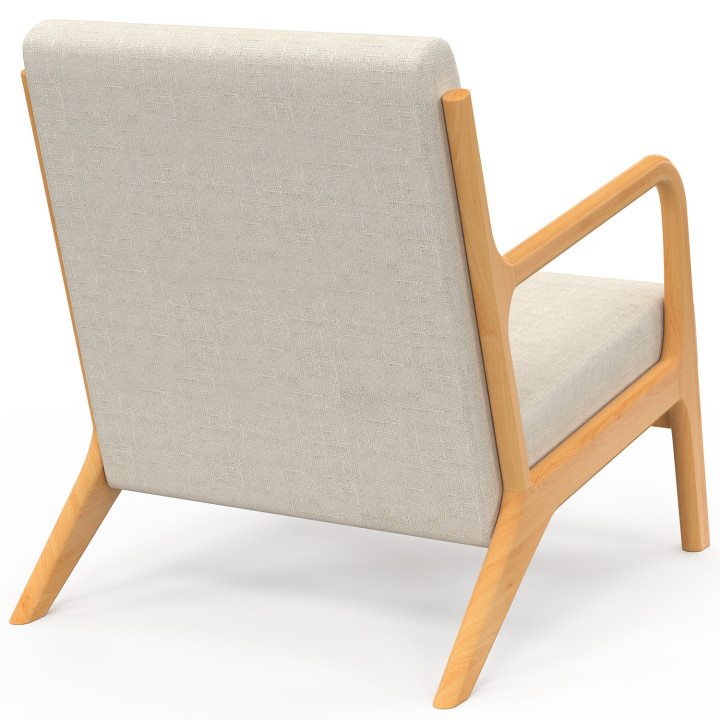 Poltrona scandinava JOSEPH in tessuto beige con braccioli e gambe in legno