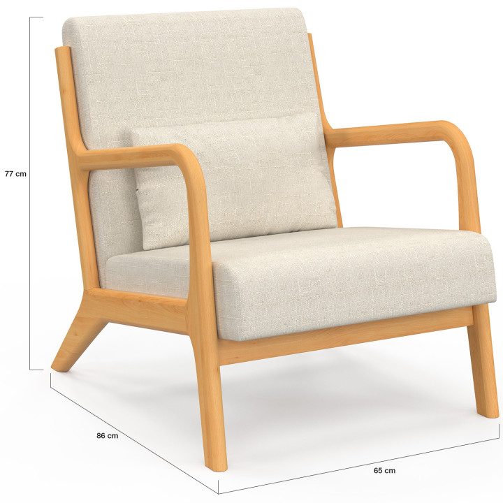 Poltrona scandinava JOSEPH in tessuto beige con braccioli e gambe in legno