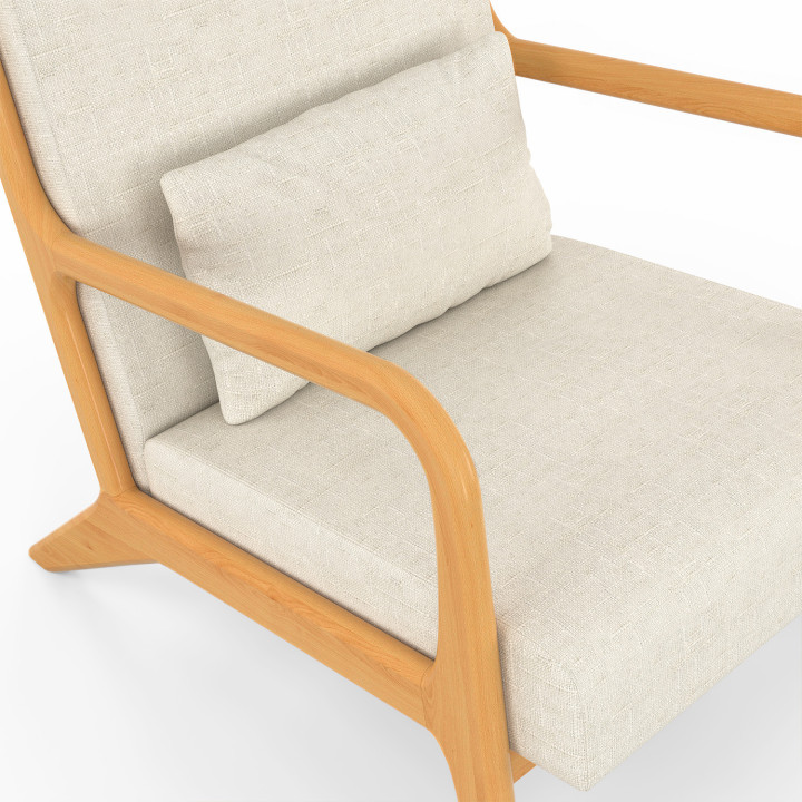 Poltrona scandinava JOSEPH in tessuto beige con braccioli e gambe in legno