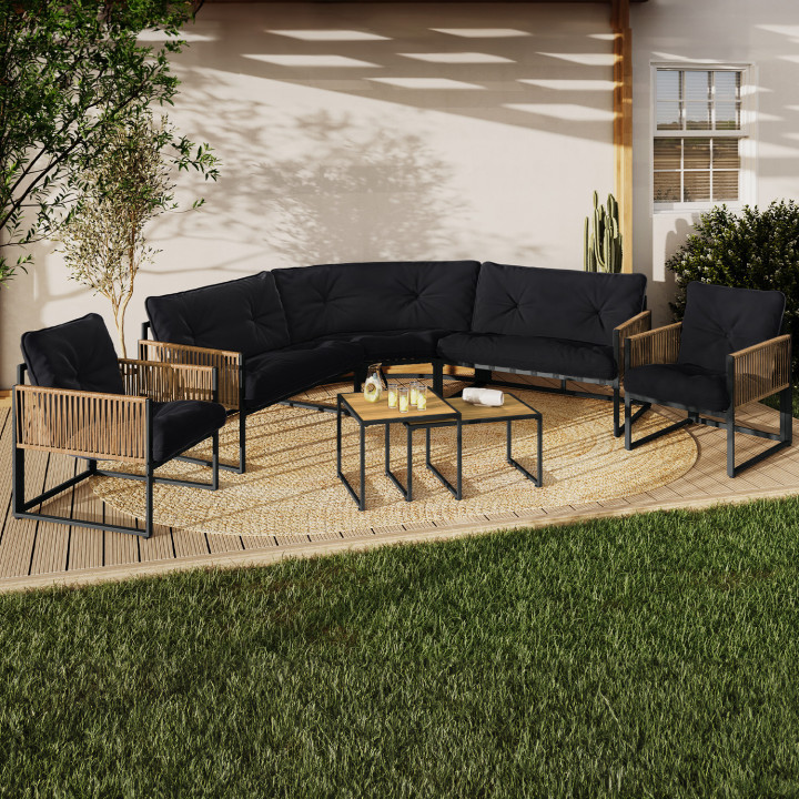 Set di mobili da giardino bassi a 8 posti con angoli in metallo nero e cuscini neri - RIO | IdMarket