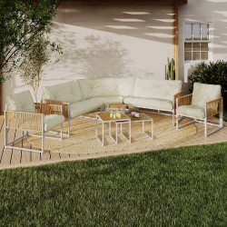 Set di mobili da giardino bassi a 8 posti con struttura in metallo bianco, corda effetto rattan e cuscini beige - RIO | IdMarket