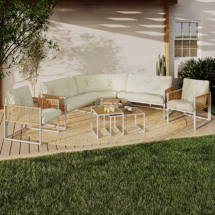 Set di mobili da giardino bassi a 8 posti con struttura in metallo bianco, corda effetto rattan e cuscini beige - RIO | IdMarket