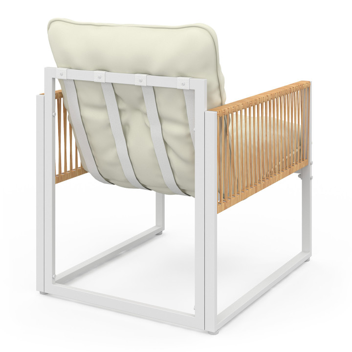 Set di mobili da giardino bassi a 8 posti con struttura in metallo bianco, corda effetto rattan e cuscini beige - RIO | IdMarket