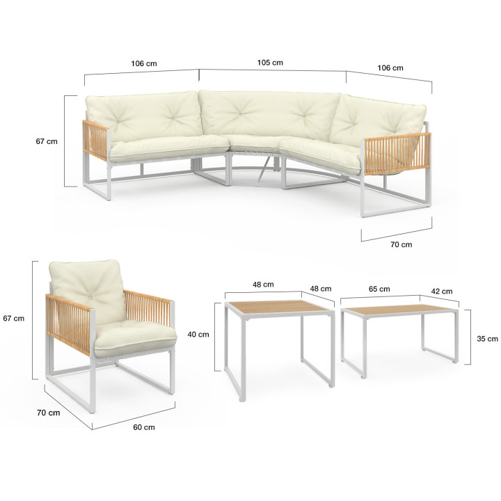 Set di mobili da giardino bassi a 8 posti con struttura in metallo bianco, corda effetto rattan e cuscini beige - RIO | IdMarket