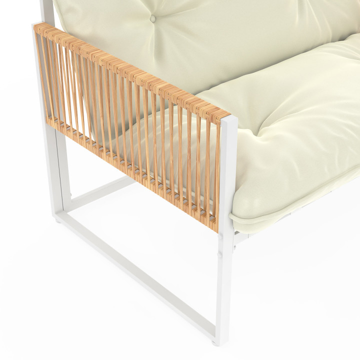 Set di mobili da giardino bassi a 8 posti con struttura in metallo bianco, corda effetto rattan e cuscini beige - RIO | IdMarket