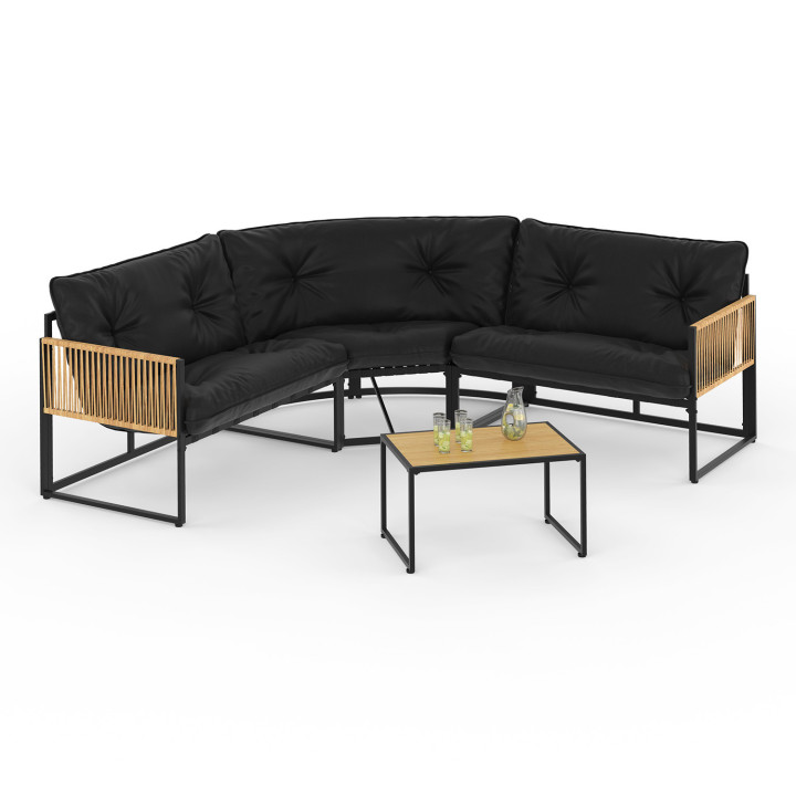 Set di mobili da giardino bassi a 6 posti struttura in metallo nero, cordame effetto rattan con cuscini neri