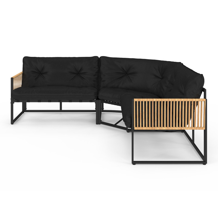 Set di mobili da giardino bassi a 6 posti struttura in metallo nero, cordame effetto rattan con cuscini neri