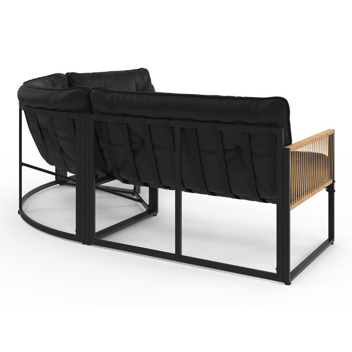 Set di mobili da giardino bassi a 6 posti struttura in metallo nero, cordame effetto rattan con cuscini neri