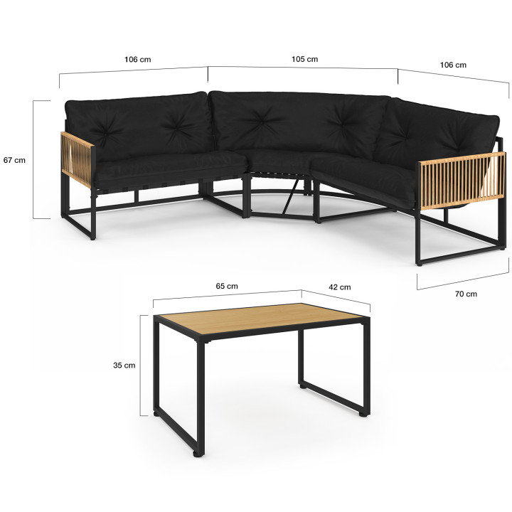 Set di mobili da giardino bassi a 6 posti struttura in metallo nero, cordame effetto rattan con cuscini neri