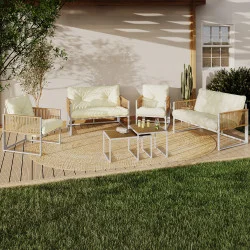 Set di mobili da giardino bassi a 6 posti con struttura in metallo bianco e corde effetto rattan con cuscini beige - RIO | IdMar