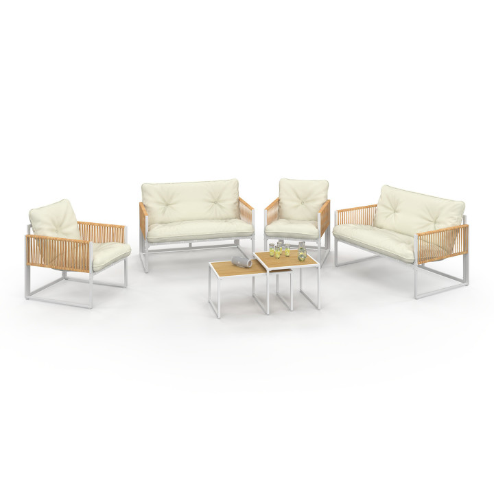 Set di mobili da giardino bassi a 6 posti con struttura in metallo bianco e corde effetto rattan con cuscini beige - RIO | IdMar