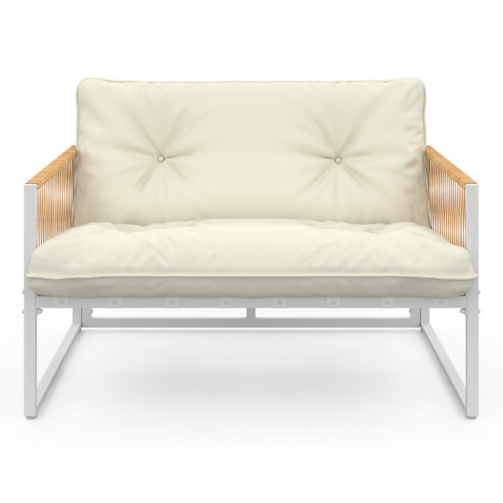 Set di mobili da giardino bassi a 6 posti con struttura in metallo bianco e corde effetto rattan con cuscini beige - RIO | IdMar