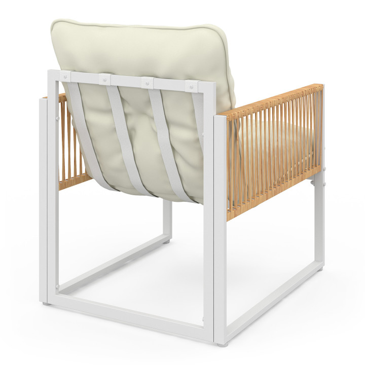 Set di mobili da giardino bassi a 6 posti con struttura in metallo bianco e corde effetto rattan con cuscini beige - RIO | IdMar