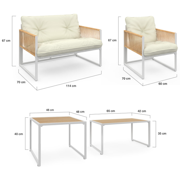 Set di mobili da giardino bassi a 6 posti con struttura in metallo bianco e corde effetto rattan con cuscini beige - RIO | IdMar