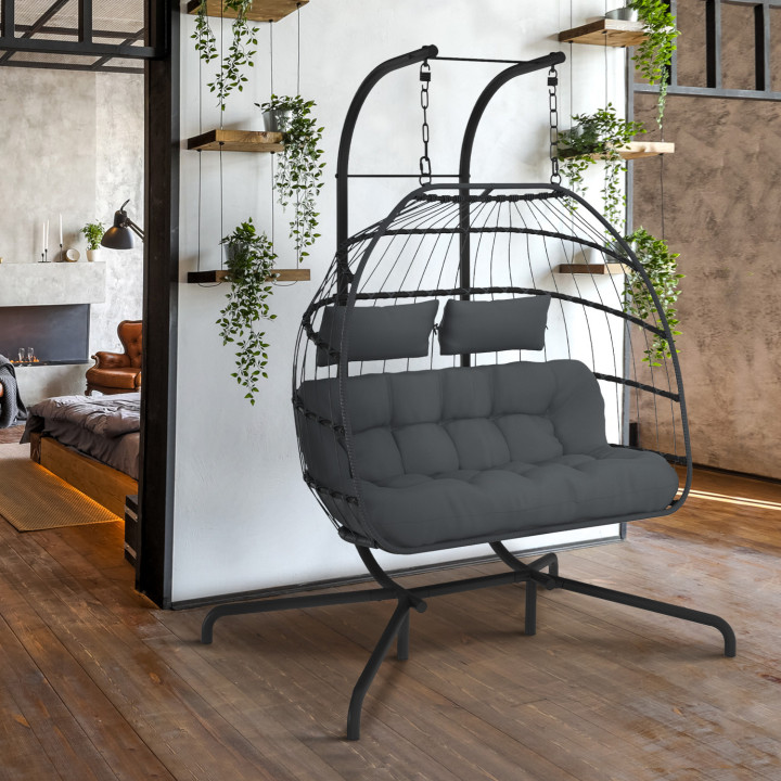 Poltrona 2 posti a forma di uovo traforato con effetto rattan grigio e cuscino grigio | IdMarket
