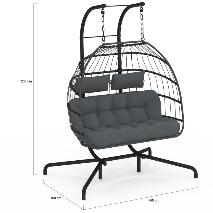Poltrona 2 posti a forma di uovo traforato con effetto rattan grigio e cuscino grigio | IdMarket