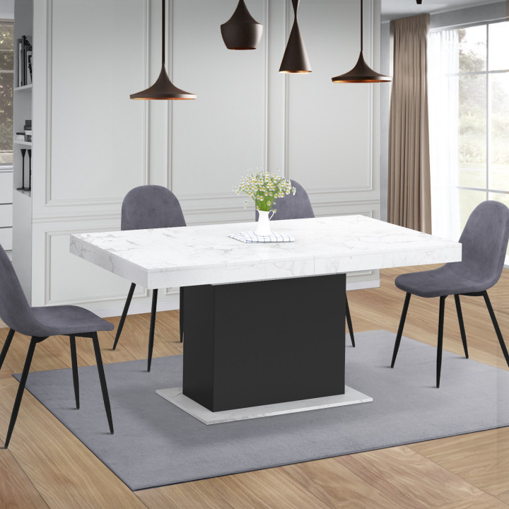 Tavolo da pranzo allungabile 6-10 persone piano effetto marmo bianco gamba nera 160-200cm - EDEN | ID Market
