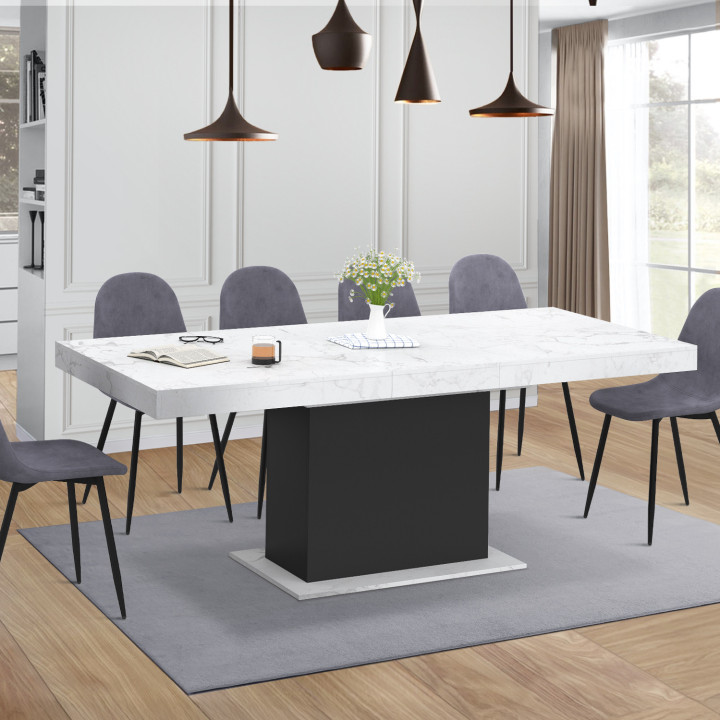 Tavolo da pranzo allungabile 6-10 persone piano effetto marmo bianco gamba nera 160-200cm - EDEN | ID Market