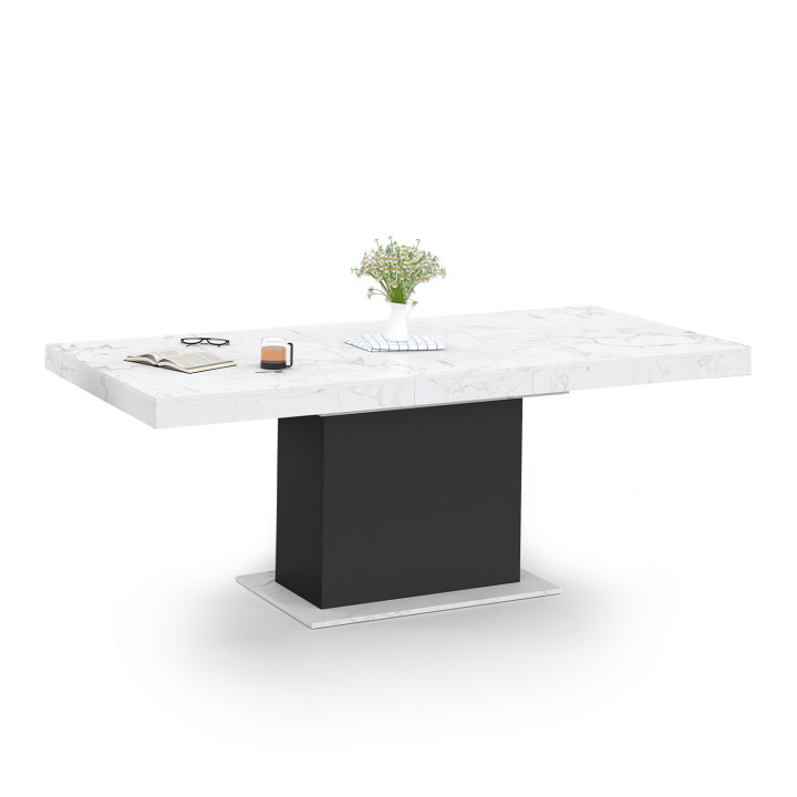 Tavolo da pranzo allungabile 6-10 persone piano effetto marmo bianco gamba nera 160-200cm - EDEN | ID Market