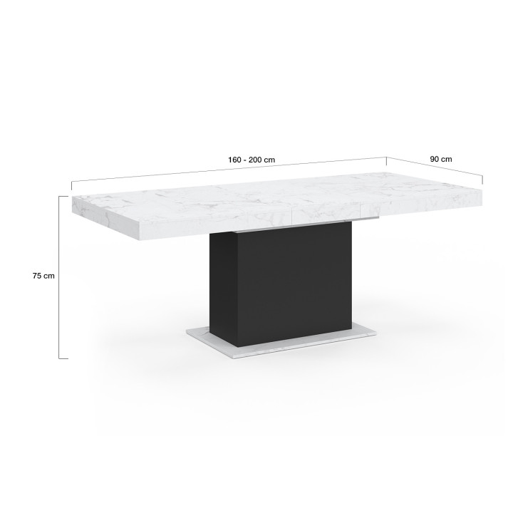 Tavolo da pranzo allungabile 6-10 persone piano effetto marmo bianco gamba nera 160-200cm - EDEN | ID Market