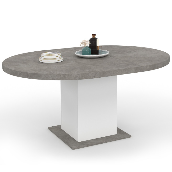 Tavolo da pranzo rotondo allungabile 4-8 persone in cemento e bianco 120-160 cm - EDEN | ID Market