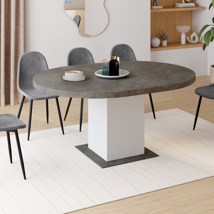 Tavolo da pranzo rotondo allungabile 4-8 persone in cemento e bianco 120-160 cm - EDEN | ID Market