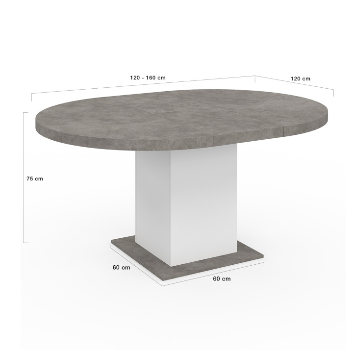 Tavolo da pranzo rotondo allungabile 4-8 persone in cemento e bianco 120-160 cm - EDEN | ID Market