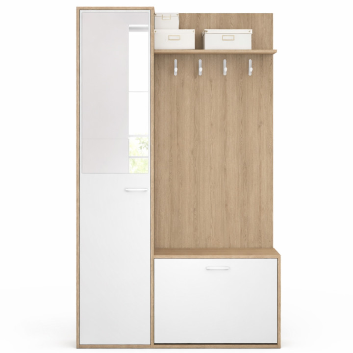 Guardaroba d'ingresso con scarpiera, specchio, armadio e mensole nere e effetto legno - MAHAUT | ID Market