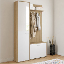 Guardaroba d'ingresso con scarpiera, specchio, armadio e mensole nere e effetto legno - MAHAUT | ID Market