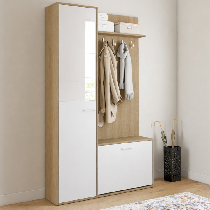 Guardaroba d'ingresso con scarpiera, specchio, armadio e mensole nere e effetto legno - MAHAUT | ID Market