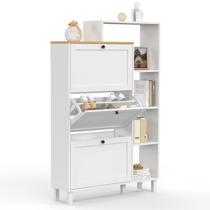 ACHILLE 18 paia di scarpiere bianche a 3 ante con piano e ripiano in legno