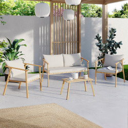 Set di mobili da giardino bassi a 4 posti con struttura in metallo effetto legno, listelli e cuscini beige - MALTE | IdMarket