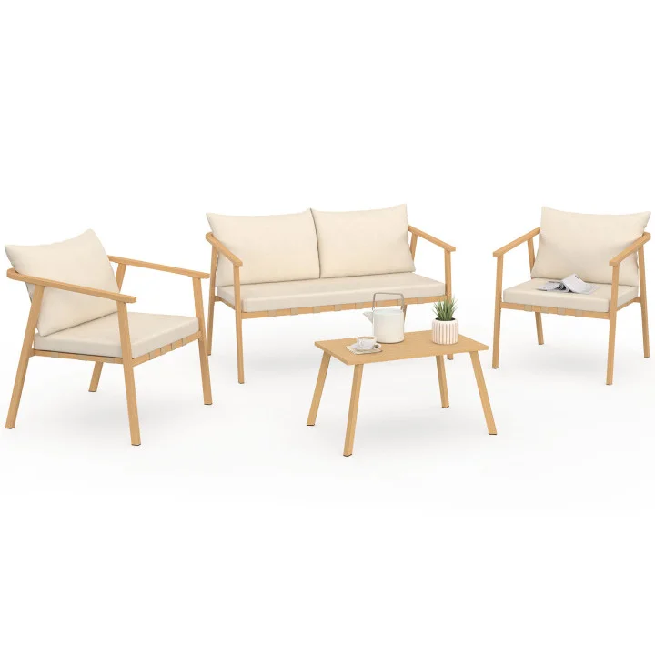 Set di mobili da giardino bassi a 4 posti con struttura in metallo effetto legno, listelli e cuscini beige - MALTE | IdMarket