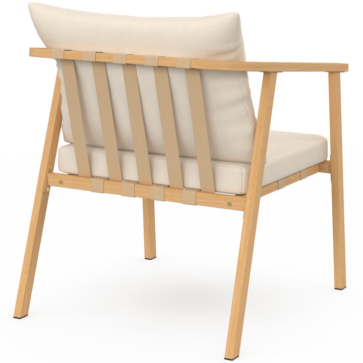 Set di mobili da giardino bassi a 4 posti con struttura in metallo effetto legno, listelli e cuscini beige - MALTE | IdMarket