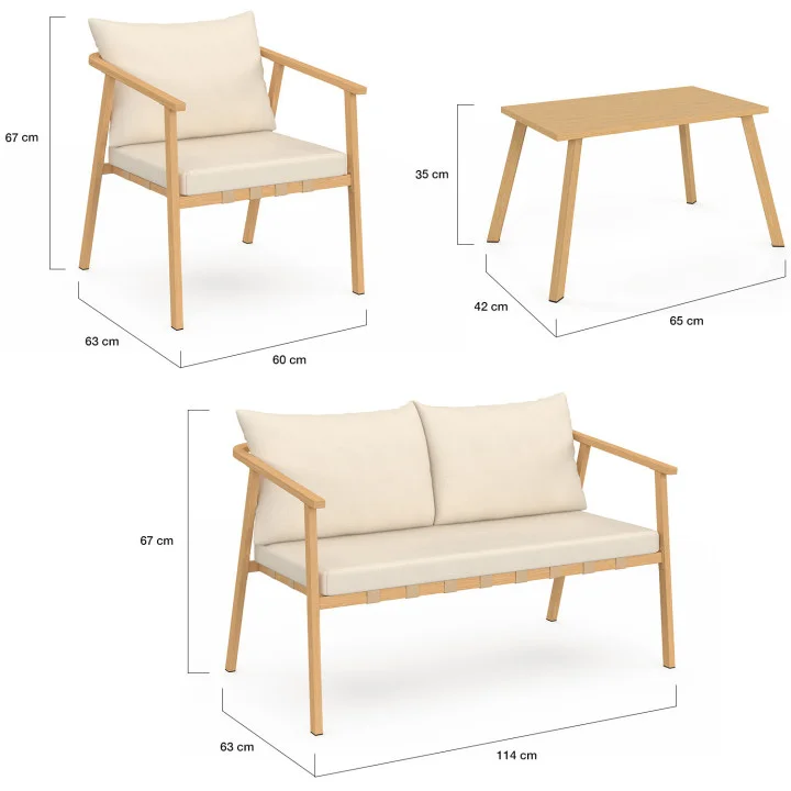 Set di mobili da giardino bassi a 4 posti con struttura in metallo effetto legno, listelli e cuscini beige - MALTE | IdMarket