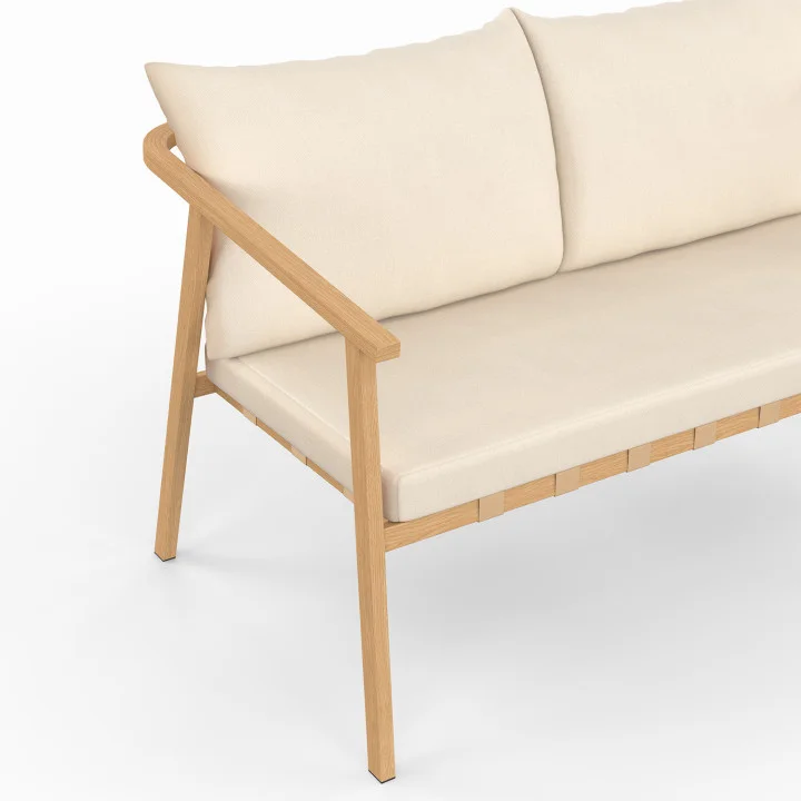 Set di mobili da giardino bassi a 4 posti con struttura in metallo effetto legno, listelli e cuscini beige - MALTE | IdMarket