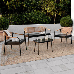 Set di mobili da giardino bassi a 4 posti con struttura in metallo nero, corde e cuscini neri