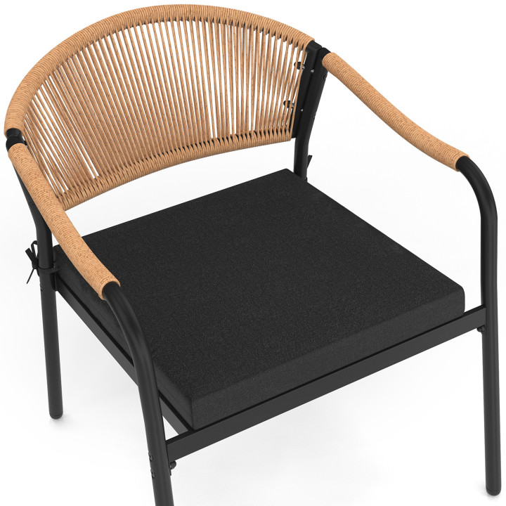 Set di mobili da giardino bassi a 4 posti con struttura in metallo nero, corde e cuscini neri