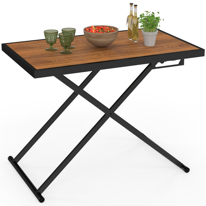 Tavolo da giardino OLIE 100 cm regolabile in altezza a 3 posizioni in metallo nero con piano effetto legno