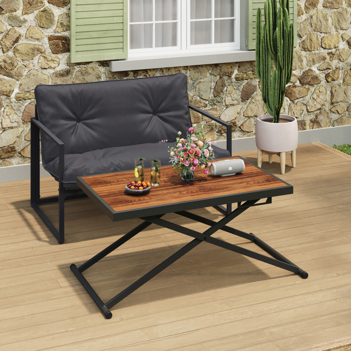 Tavolo da giardino OLIE 100 cm regolabile in altezza a 3 posizioni in metallo nero con piano effetto legno