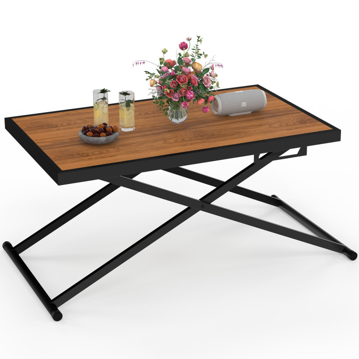 Tavolo da giardino OLIE 100 cm regolabile in altezza a 3 posizioni in metallo nero con piano in legno